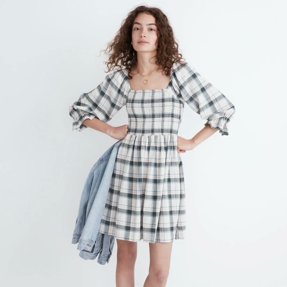 NEW Madewell Lucie Elbow-Sleeve Smocked Mini Dress in Lebaum Plaid, L